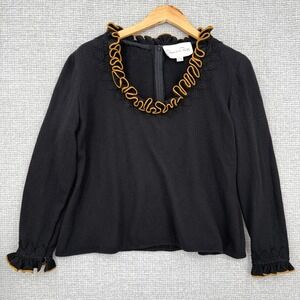 Vtg Oscar de la Renta Ruffle Trim Top Long Sleeve Made in USA Black Size‎ 16